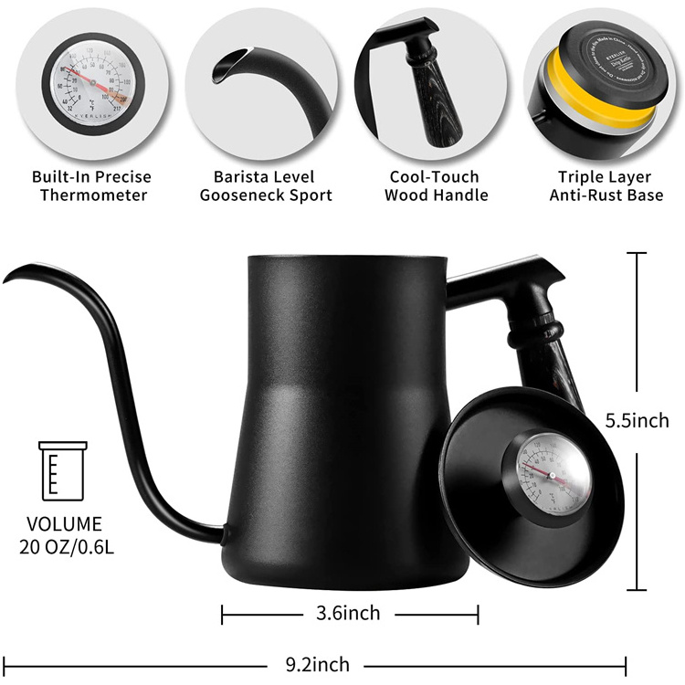 PURPLESEVEN 600ml 20oz Pour Over Kettle with Thermometer Stainless Steel Gooseneck Tea Kettle Spout Pots Drip Coffee Kettle