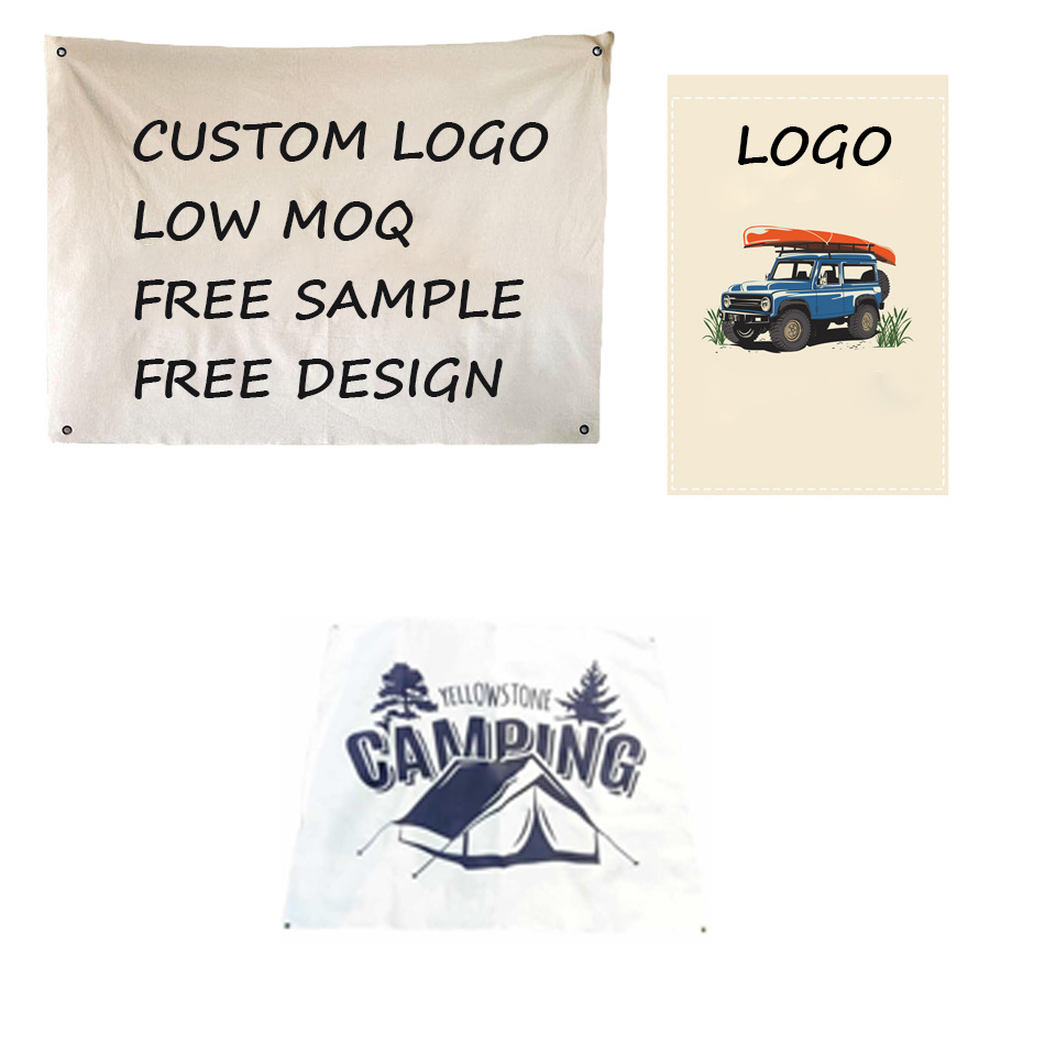 Wholesale custom logo blank cotton canvas fabric advertising flags promotional banners hanging outdoor wall flag