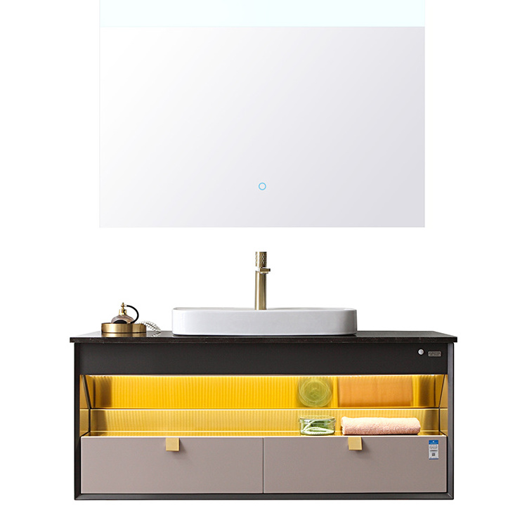 Factory New Design Wall Mounted Wood Modern Bathroom Vanity with LED Mirror Cabinet