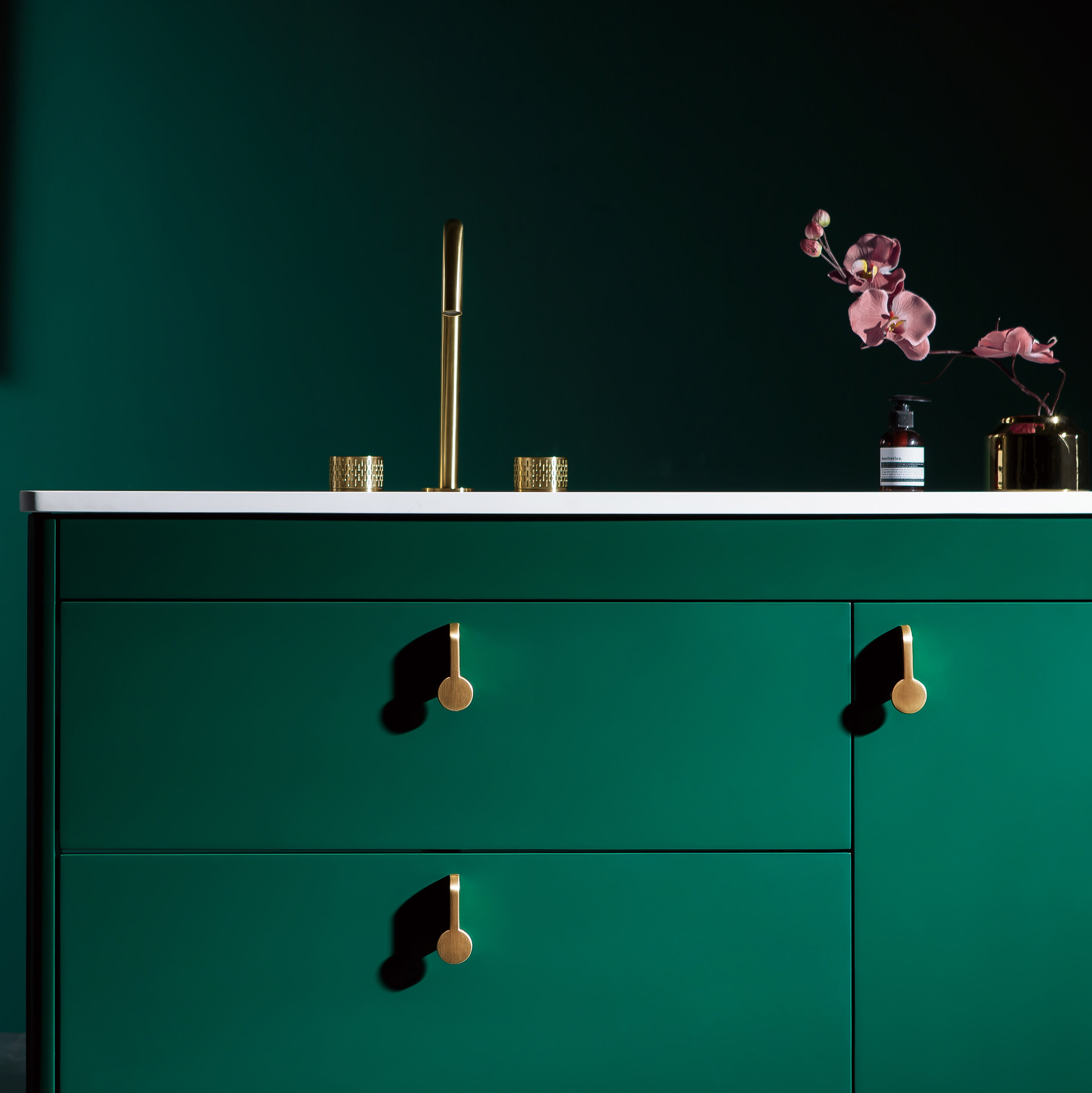 Honorable jade green unique special bathroom furniture cabinet set with LED Mirror and golden handle