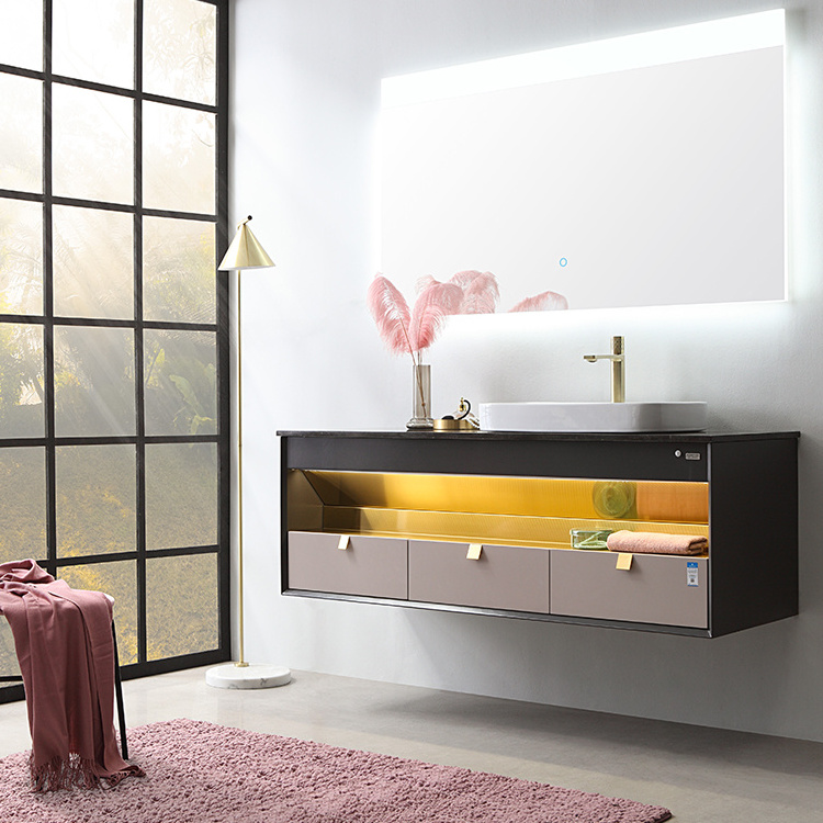 Factory New Design Wall Mounted Wood Modern Bathroom Vanity with LED Mirror Cabinet