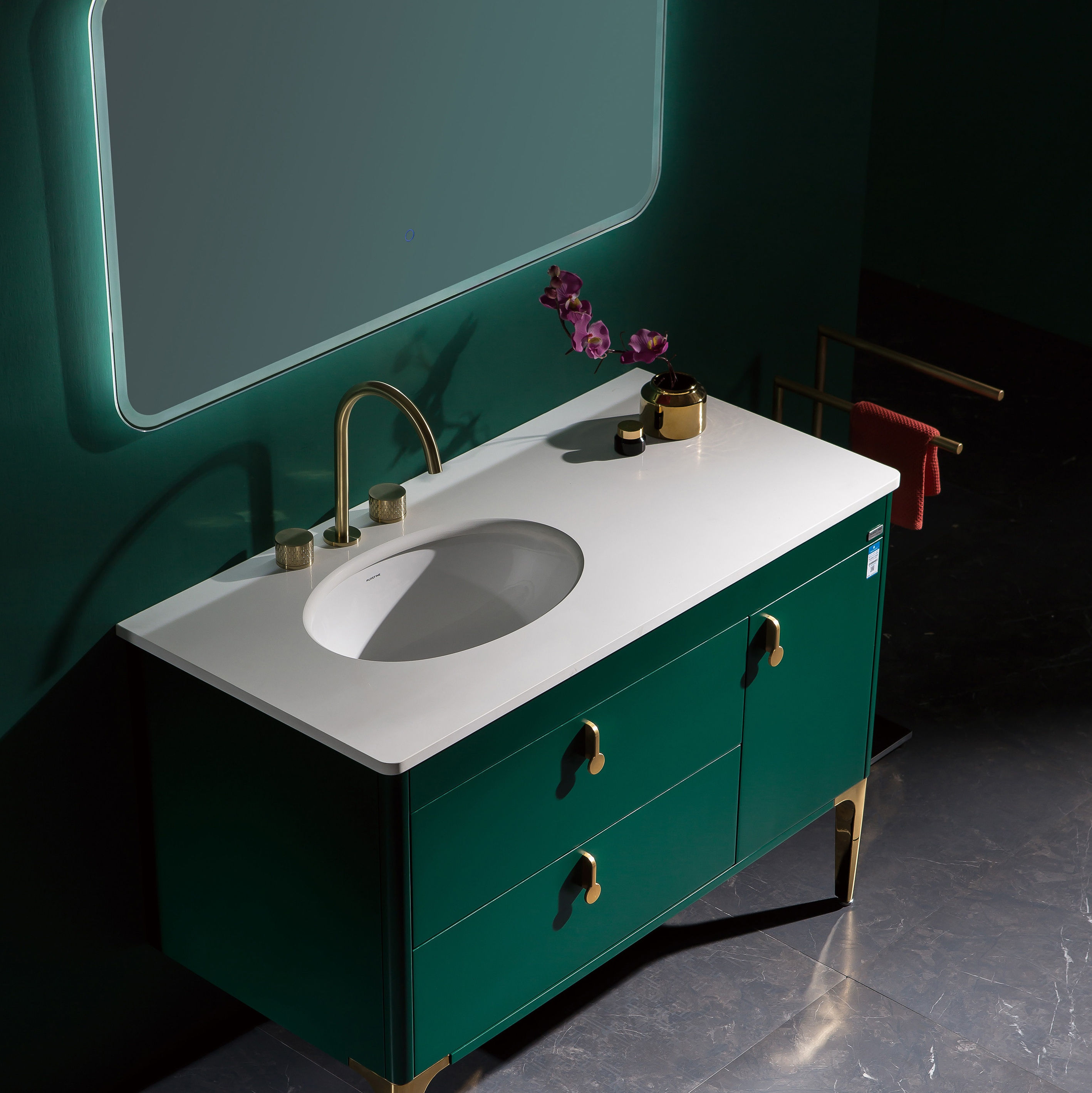 Honorable jade green unique special bathroom furniture cabinet set with LED Mirror and golden handle