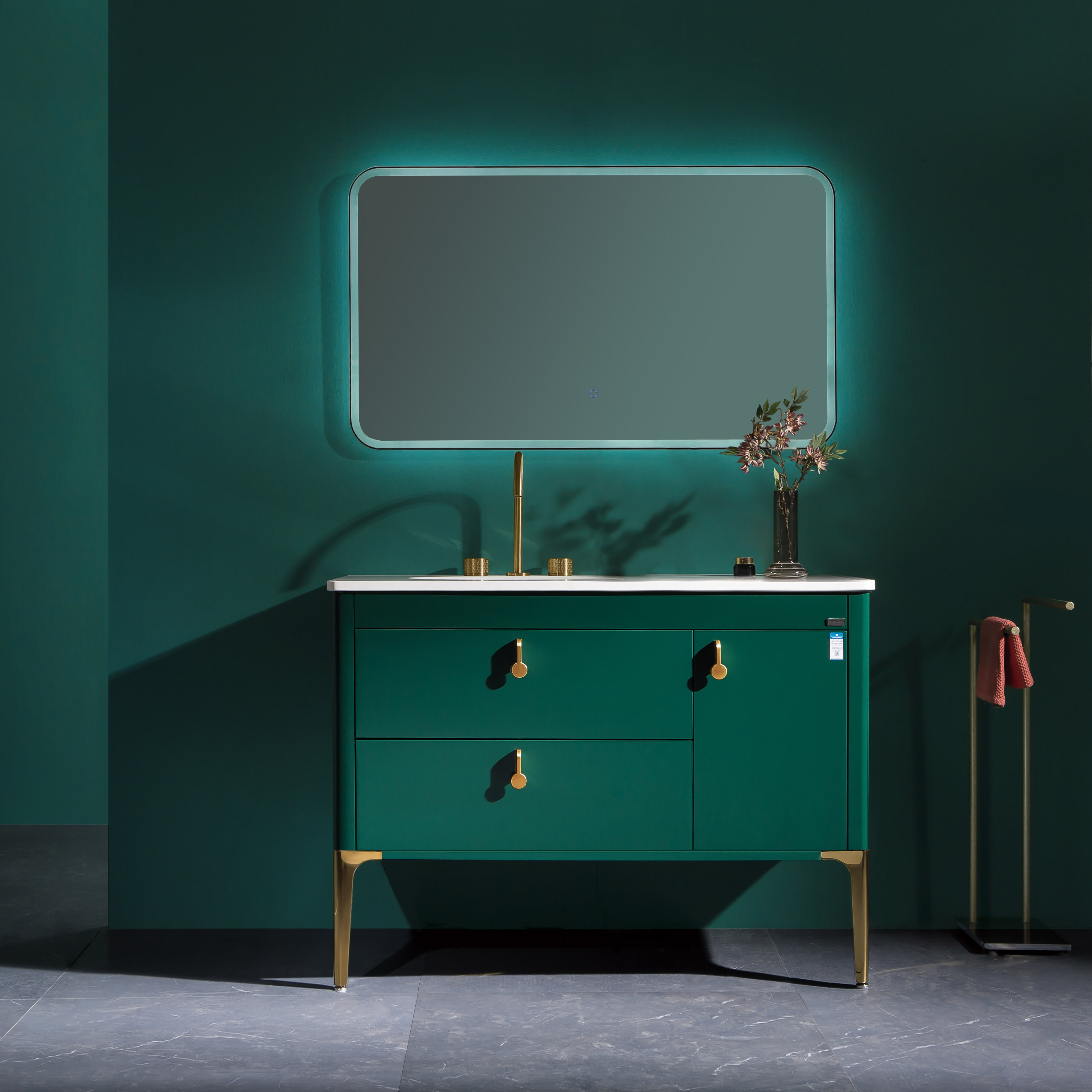 Honorable jade green unique special bathroom furniture cabinet set with LED Mirror and golden handle