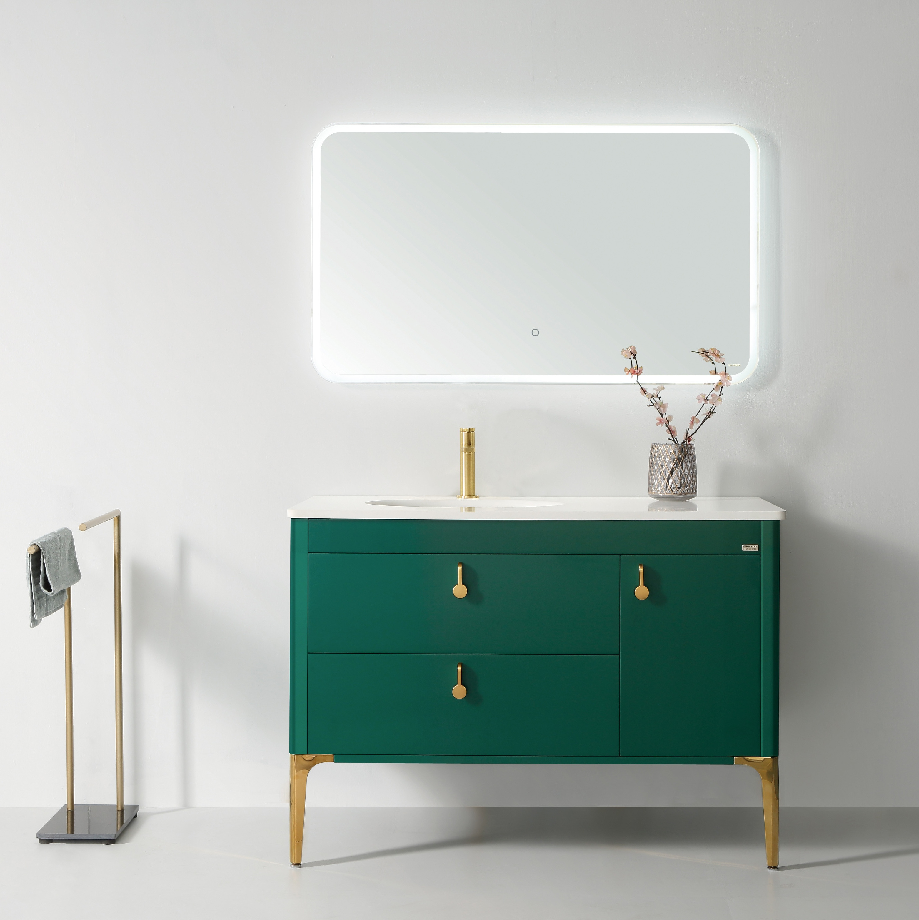 Honorable jade green unique special bathroom furniture cabinet set with LED Mirror and golden handle