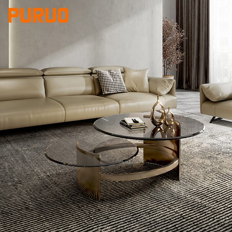 PURUO low cbm high gloss stainless steel coffee tables legs gold tempered glass golden coffee table