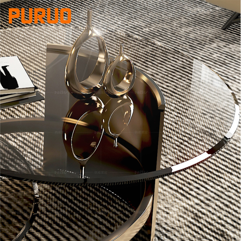 PURUO low cbm high gloss stainless steel coffee tables legs gold tempered glass golden coffee table