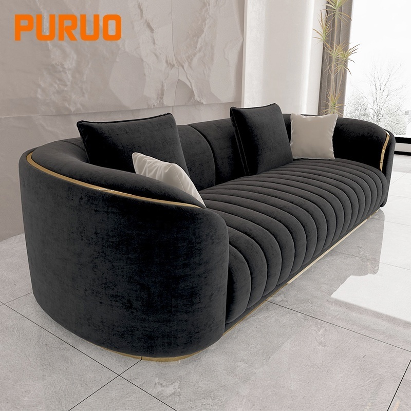 PURUO sofa set luxury home furniture italian leather black fabric 3 seater sofas