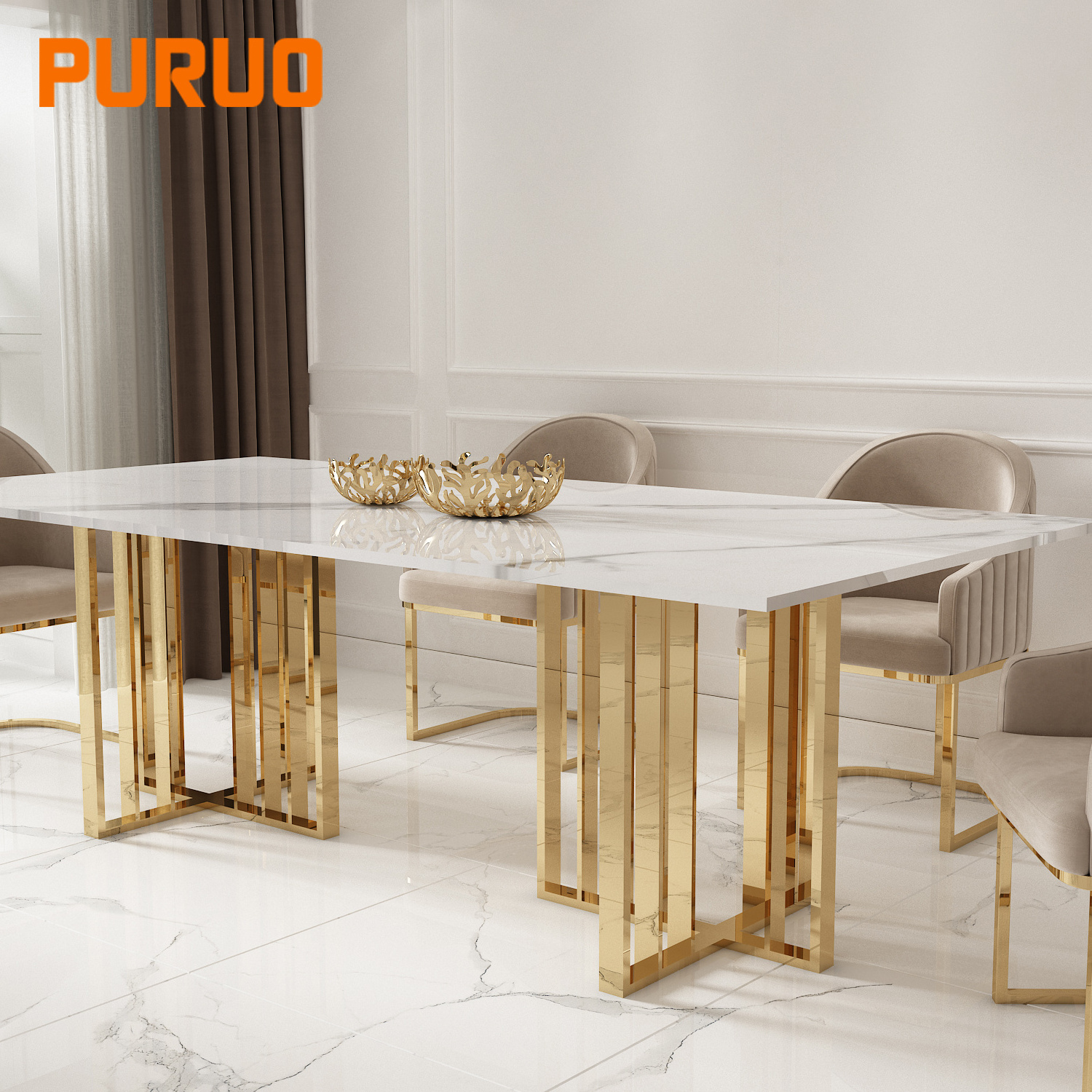 PURUO italian dinner base glass top decoration rectangular gold stainless steel marble dining table