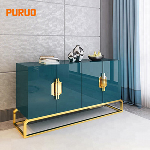 Dark blue wooden gold metal frame storage cabinet console table