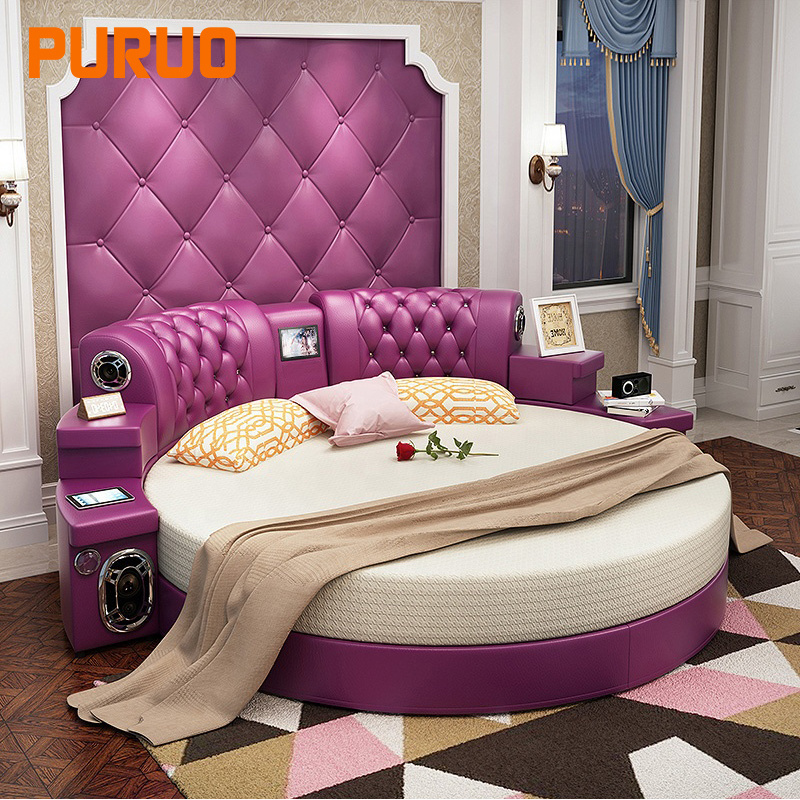 New design Intelligent Multifunctional Furniture Leather Round Bed King size Modern Round Leather Bed