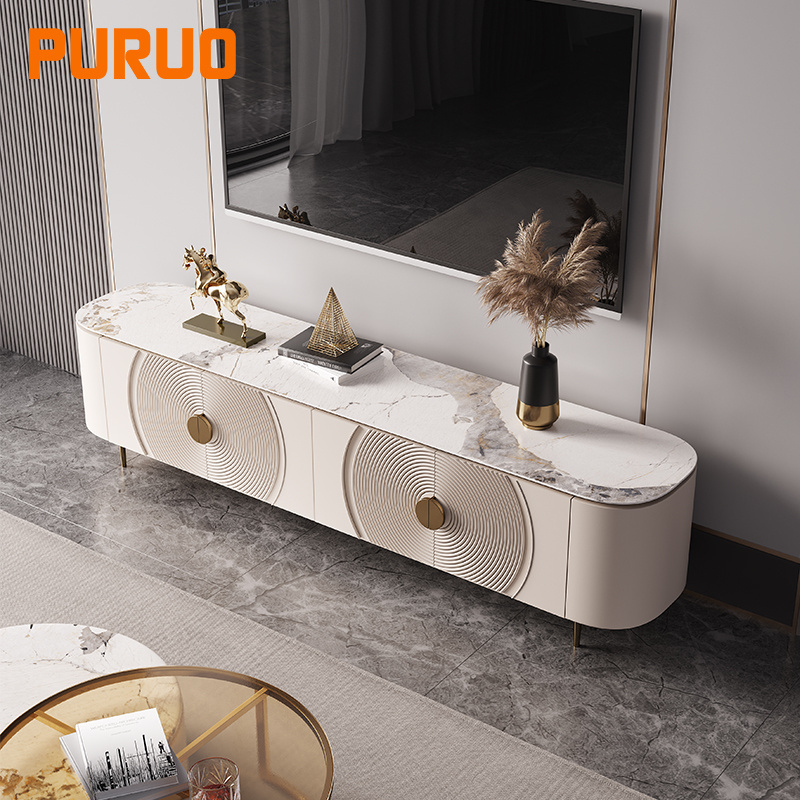 PURUO Modern style stainless steel with MDF cabinet sintered stone top TV stand