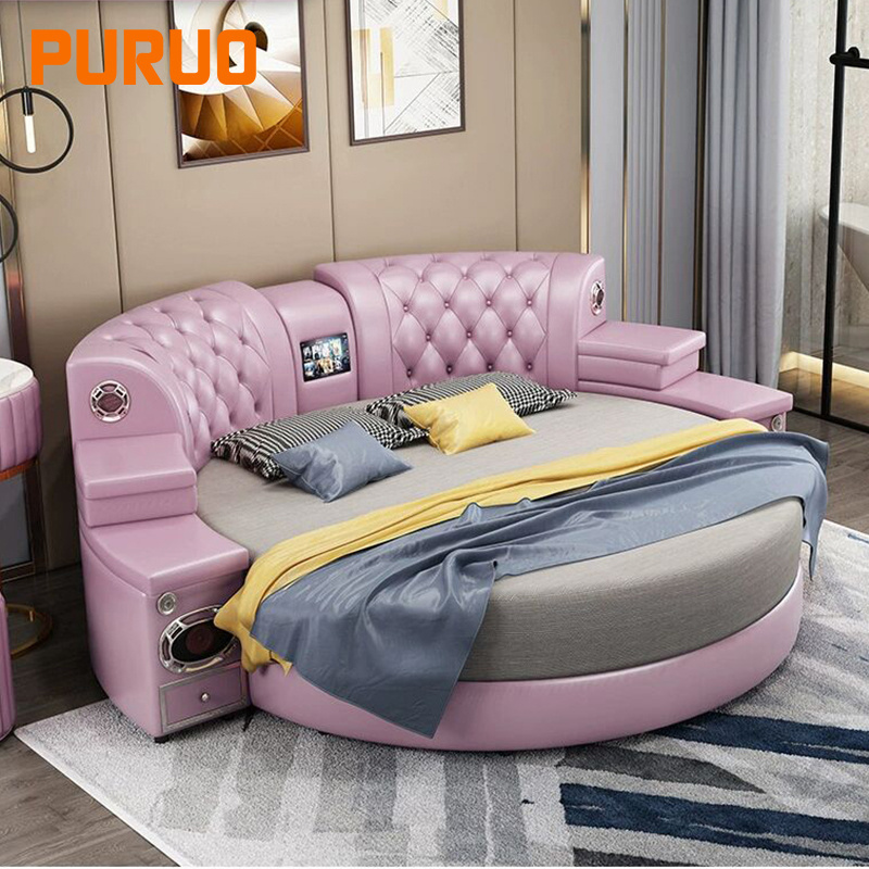 New design Intelligent Multifunctional Furniture Leather Round Bed King size Modern Round Leather Bed