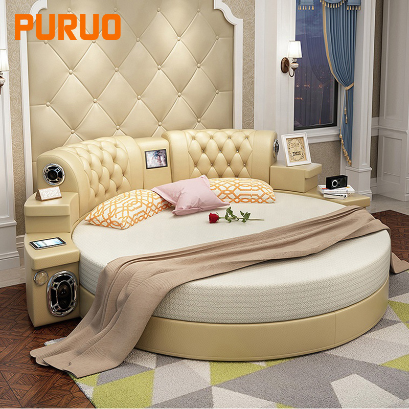 New design Intelligent Multifunctional Furniture Leather Round Bed King size Modern Round Leather Bed