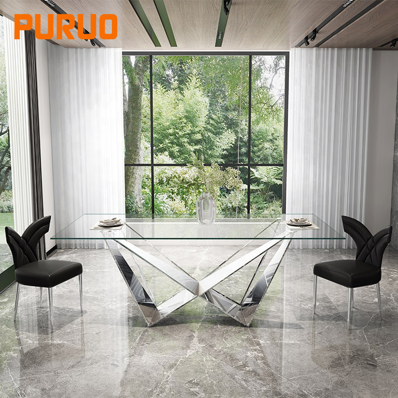 Square tempering glass dinner stainless steel frame dining table for living room