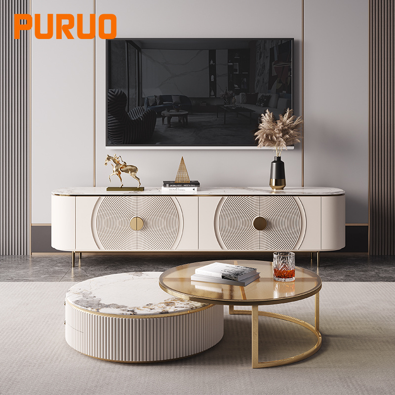 PURUO Modern style stainless steel with MDF cabinet sintered stone top TV stand