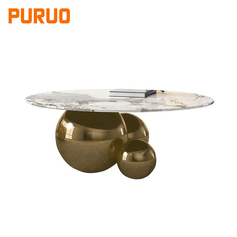 PURUO luxury living room furniture stainless steel marble coffee table