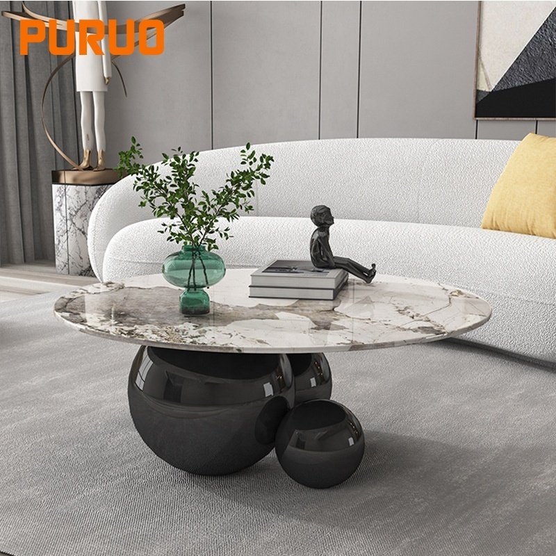 PURUO luxury living room furniture stainless steel marble coffee table