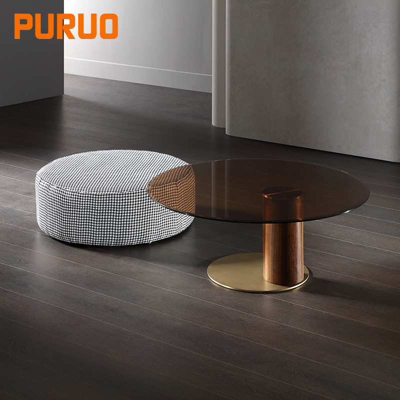 PURUO metal stainless steel wood Houndstooth fabric ethiopian set gold tempered glass coffee table