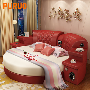 New design Intelligent Multifunctional Furniture Leather Round Bed King size Modern Round Leather Bed