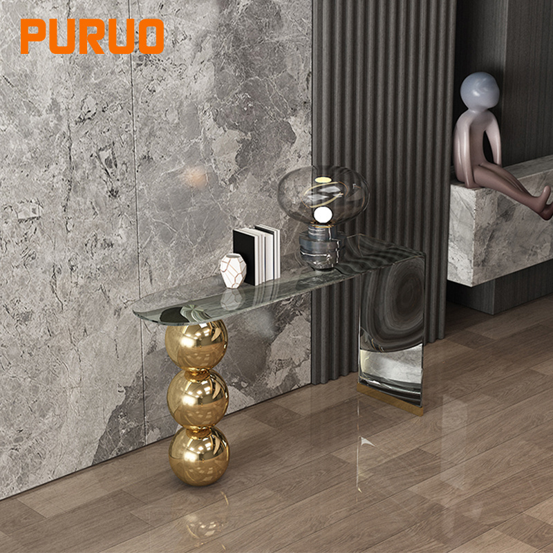 PURUO luxury hallway turkish sliver gold metal consule glass mirrored stainless steel console table