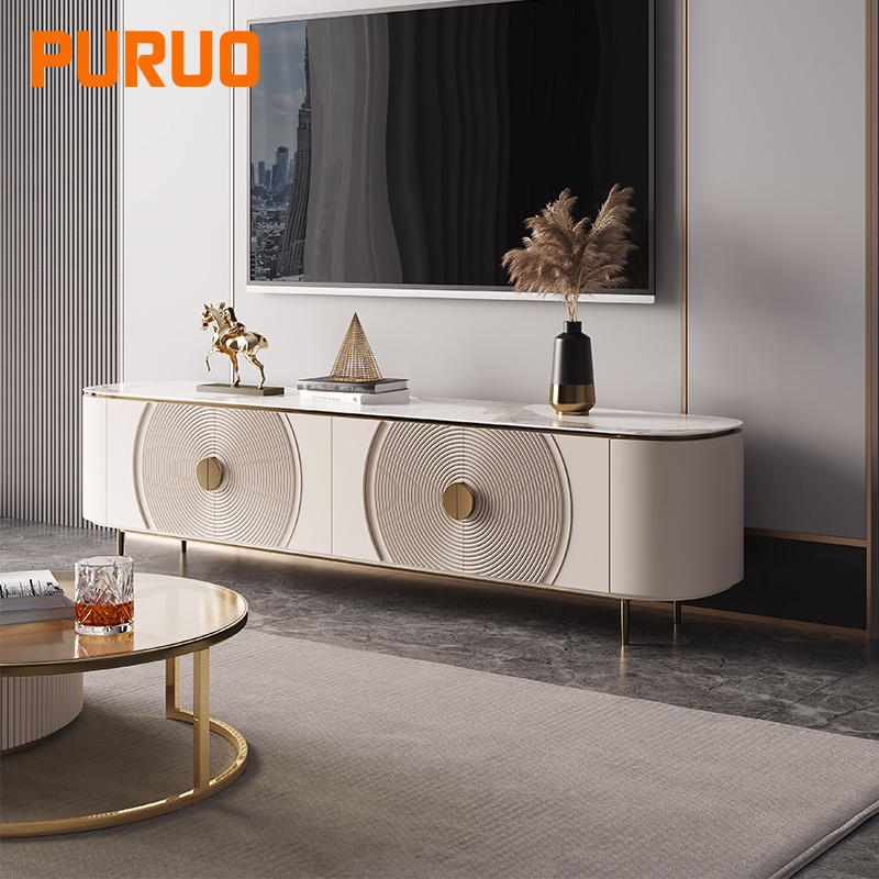 PURUO Modern style stainless steel with MDF cabinet sintered stone top TV stand