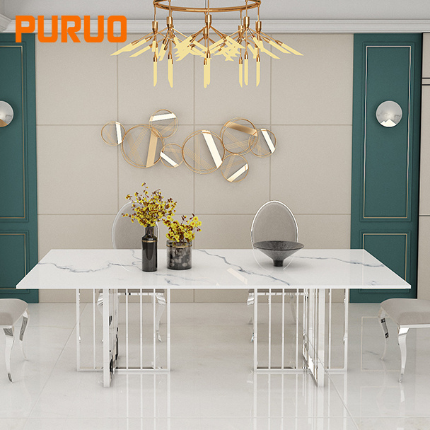 PURUO italian dinner base glass top decoration rectangular gold stainless steel marble dining table