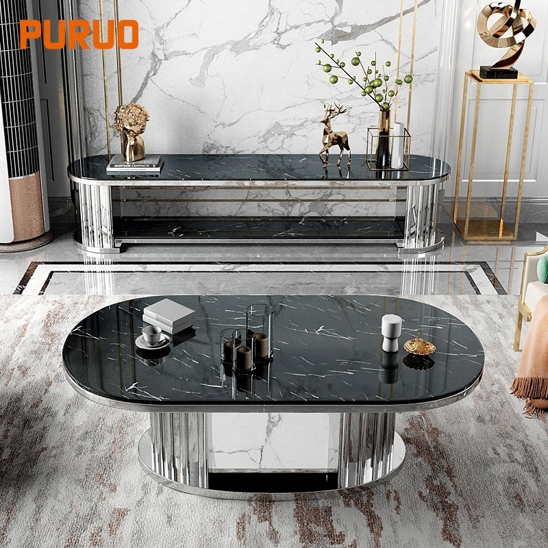 Living room marble top mirror silver metal  coffee table for home design furniture