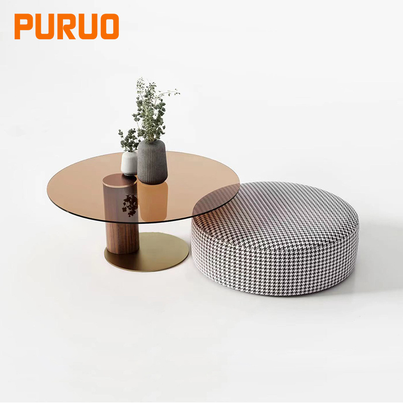 PURUO metal stainless steel wood Houndstooth fabric ethiopian set gold tempered glass coffee table