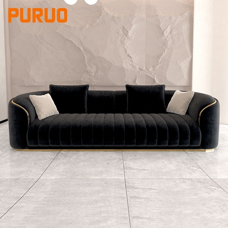 PURUO sofa set luxury home furniture italian leather black fabric 3 seater sofas