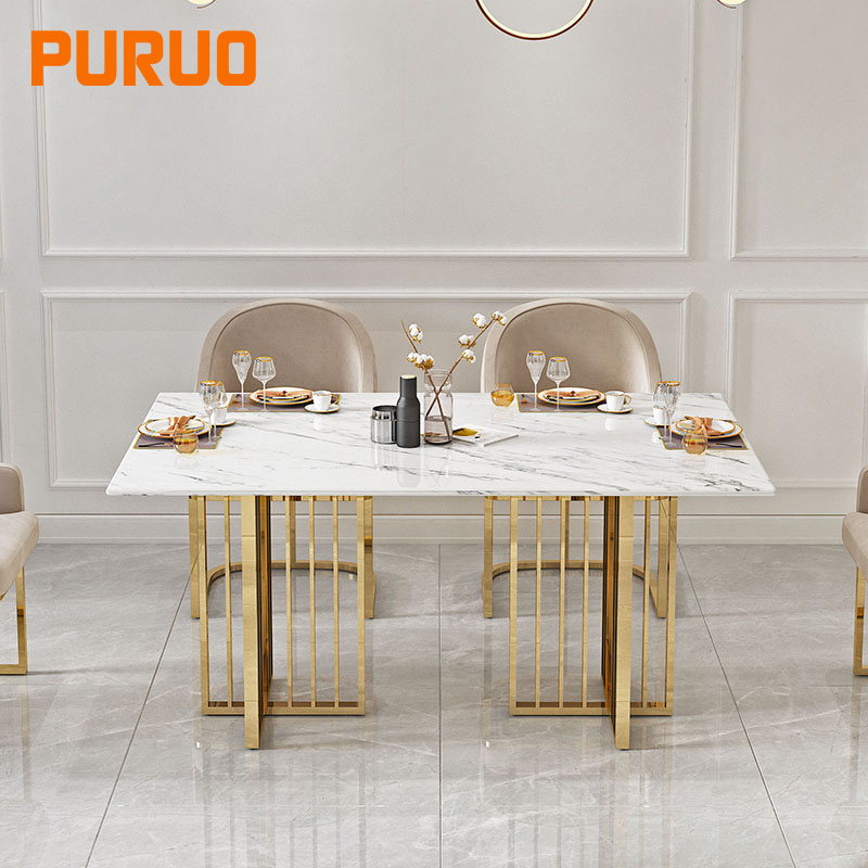 PURUO italian dinner base glass top decoration rectangular gold stainless steel marble dining table