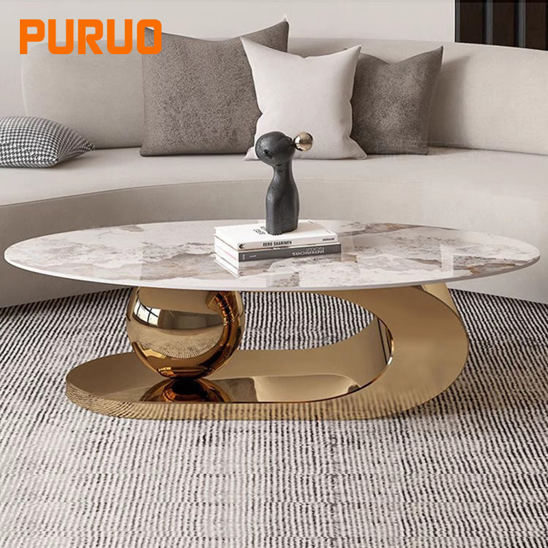 PURUO luxury living room furniture stainless steel marble coffee table