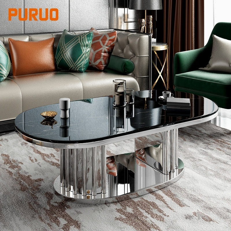 Living room marble top mirror silver metal  coffee table for home design furniture