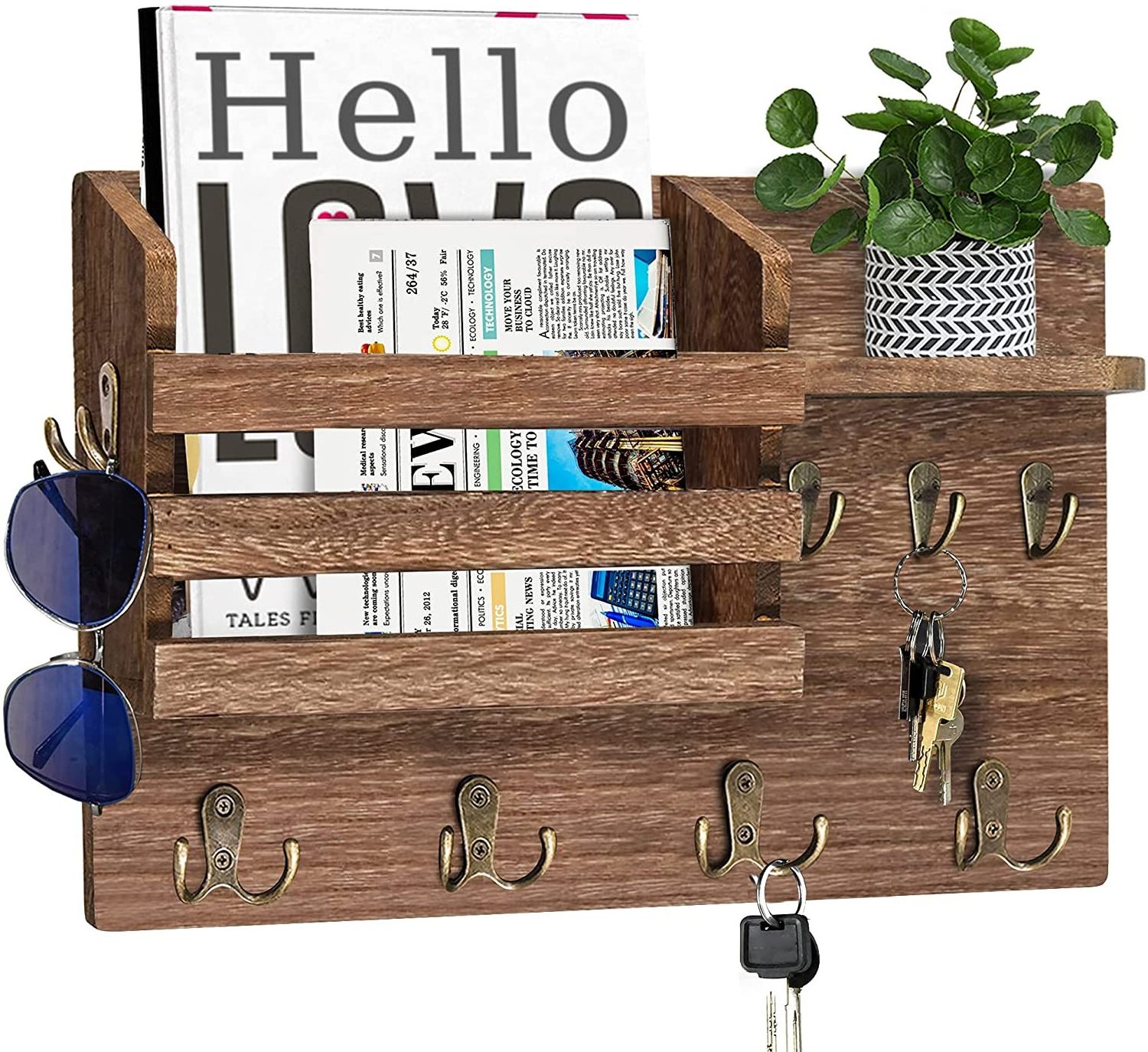 PUSELIFE Wooden Mail Sorter Organizer with 4 Key Hooks Wall Mounted Entryway Wood Mail Organizer Holder