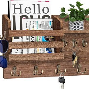 PUSELIFE Wooden Mail Sorter Organizer with 4 Key Hooks Wall Mounted Entryway Wood Mail Organizer Holder