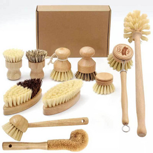 Plastic Free label Natural wood bristles Kitchen bamboo Dish washing Pot brush for cleaning set kitchen brush cleaning semen box