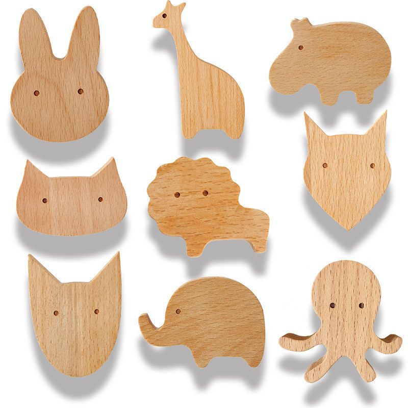 PUSELIFE Wooden Drawer wardrobe door handle Knob cute animal porch wall hanging animal hat solid wood hook