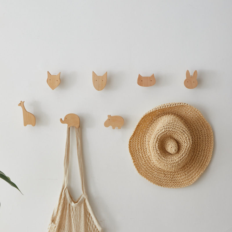 PUSELIFE Wooden Drawer wardrobe door handle Knob cute animal porch wall hanging animal hat solid wood hook