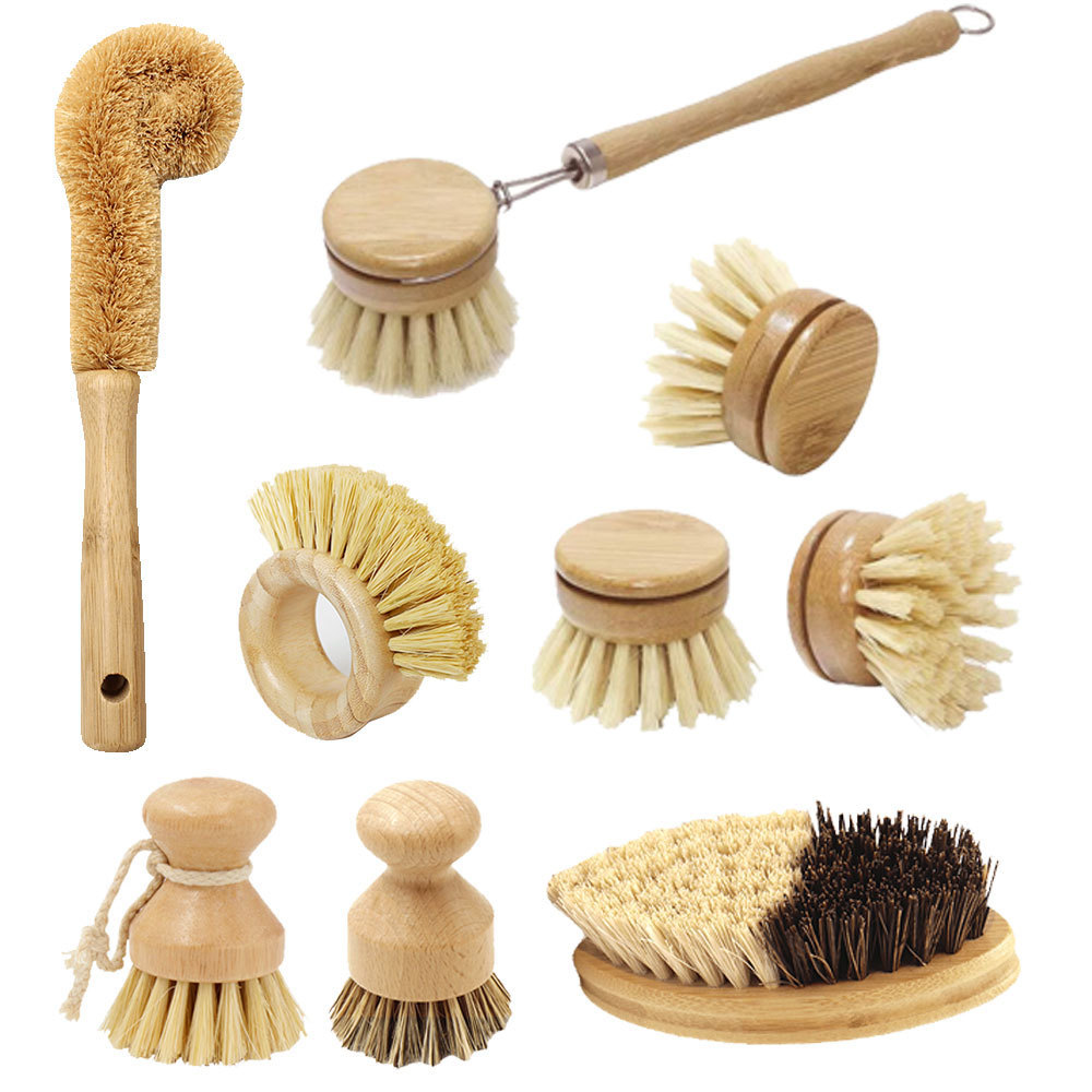 Natural Fibers custom Kitchen scrub Dish Pot Pan Cleaning Brush Sisal Pot and Dish Brush with Rubber Wood Handle