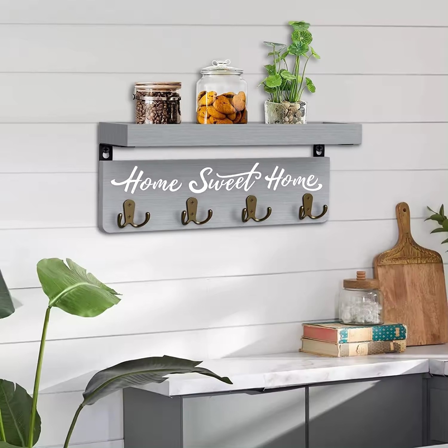 PUSELIFE Wall Mounted Mail Envelope Organizer Wooden Coat Key Holder Hooks Rack Hanging With 4 Keys for Entryway