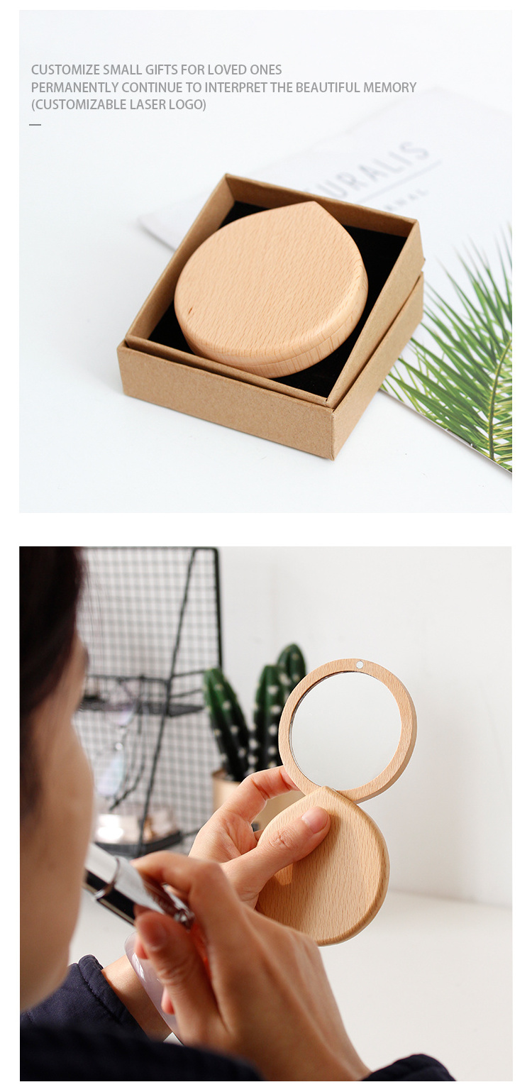 Wholesale Customized LOGO Round Wood personalized makeup round mini hand held Pocket hand Mirror