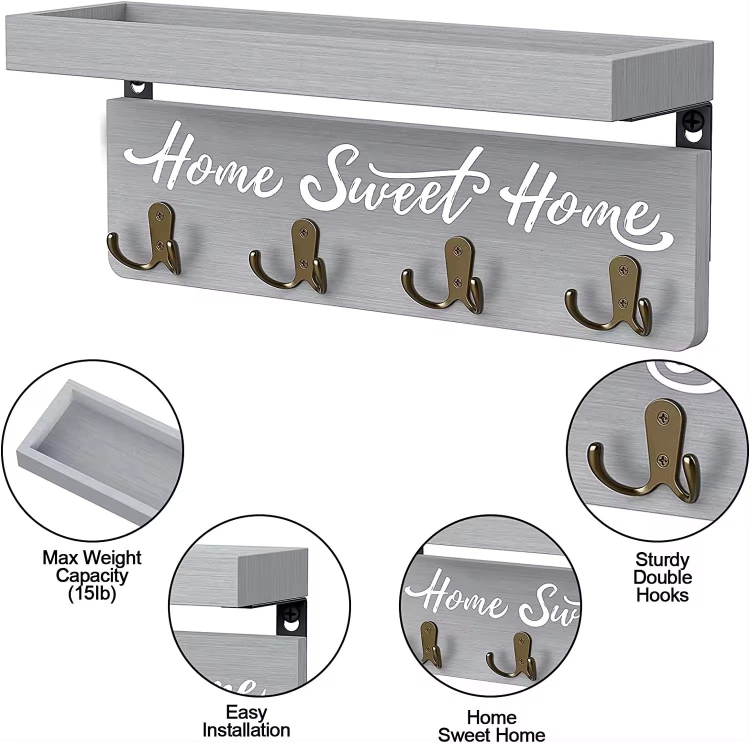 PUSELIFE Wall Mounted Mail Envelope Organizer Wooden Coat Key Holder Hooks Rack Hanging With 4 Keys for Entryway