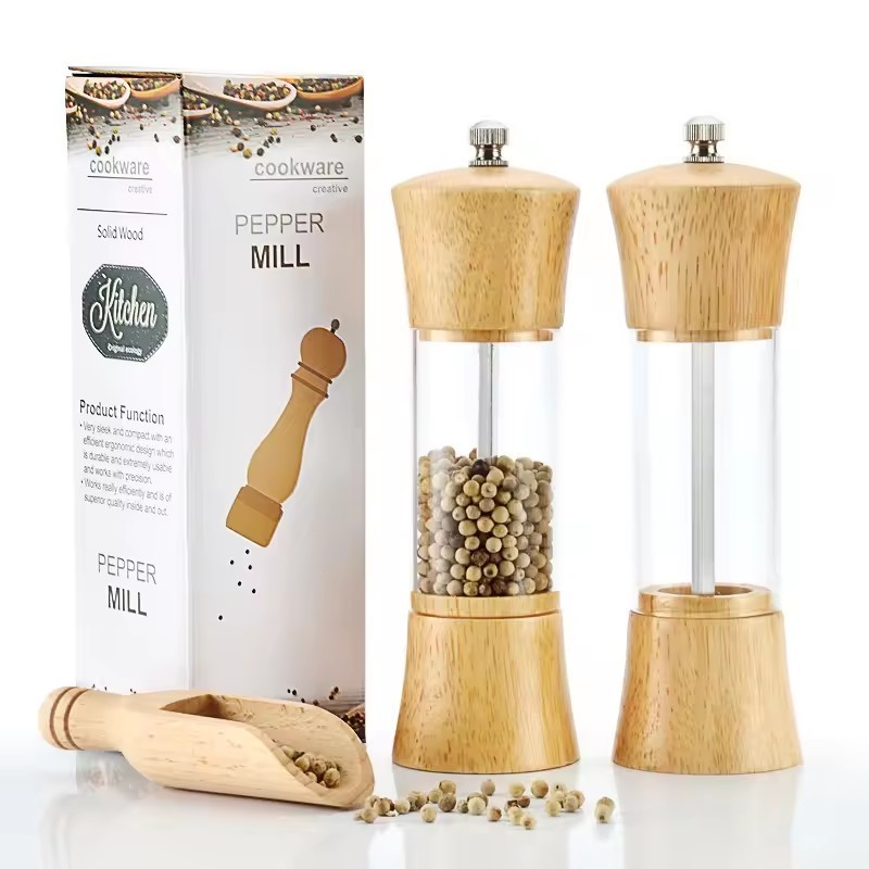 PUSELIFE Kitchen gadgets wooden salt box container set salt and pepper shaker set acacia wood spice salt pepper mill grinder