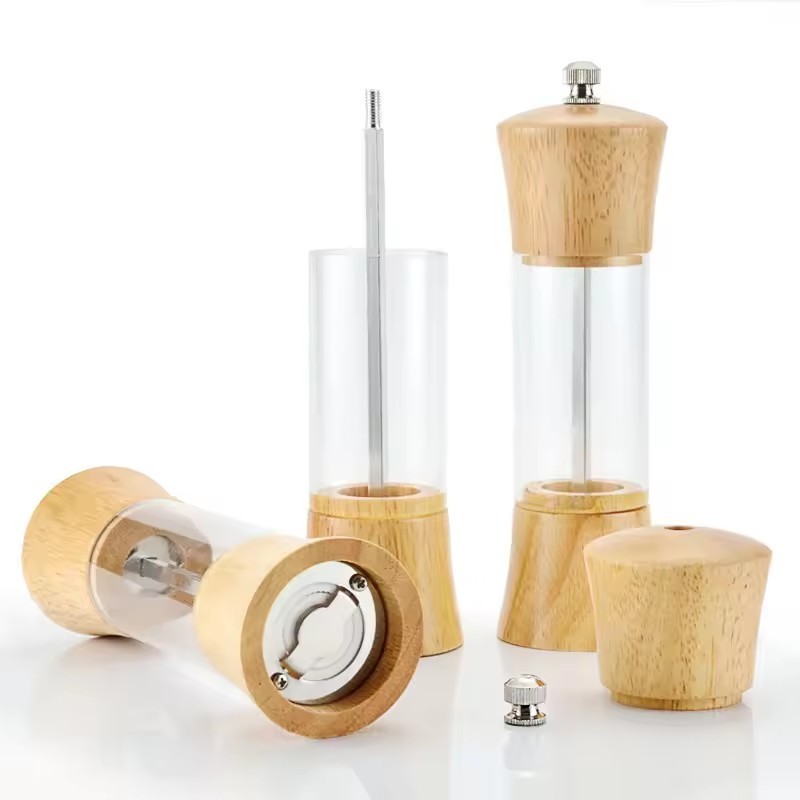 PUSELIFE Kitchen gadgets wooden salt box container set salt and pepper shaker set acacia wood spice salt pepper mill grinder