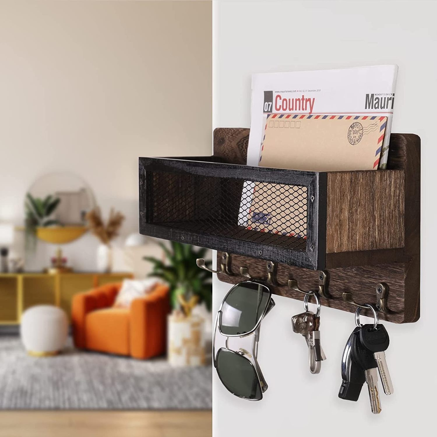 PUSELIFE Rustic Home Decor Envelope Holder Wooden Wall Hanging Key Holder Hooks Rack Key Holder for Wall