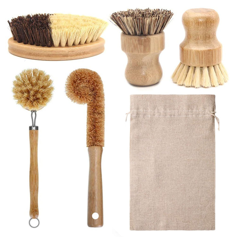 Natural Fibers custom Kitchen scrub Dish Pot Pan Cleaning Brush Sisal Pot and Dish Brush with Rubber Wood Handle