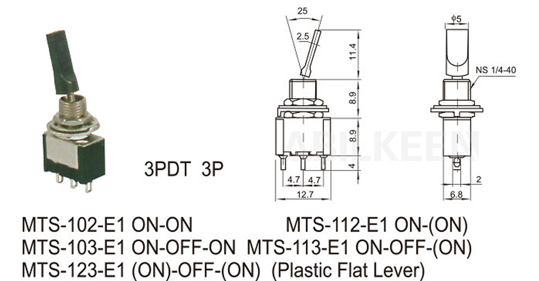 Hot Selling Factory Price 11.4mm Plastic Flat Handle 3PDT Toggle Switch M6.8 Threaded Bushing ON-ON with 3 Pin Solder Terminal