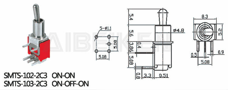 Factory Directly Sale 5Mm Short Handle On-On Spdt 3Pin Pc-H Terminal Red 1.5A 3A Micro Toggle Switches