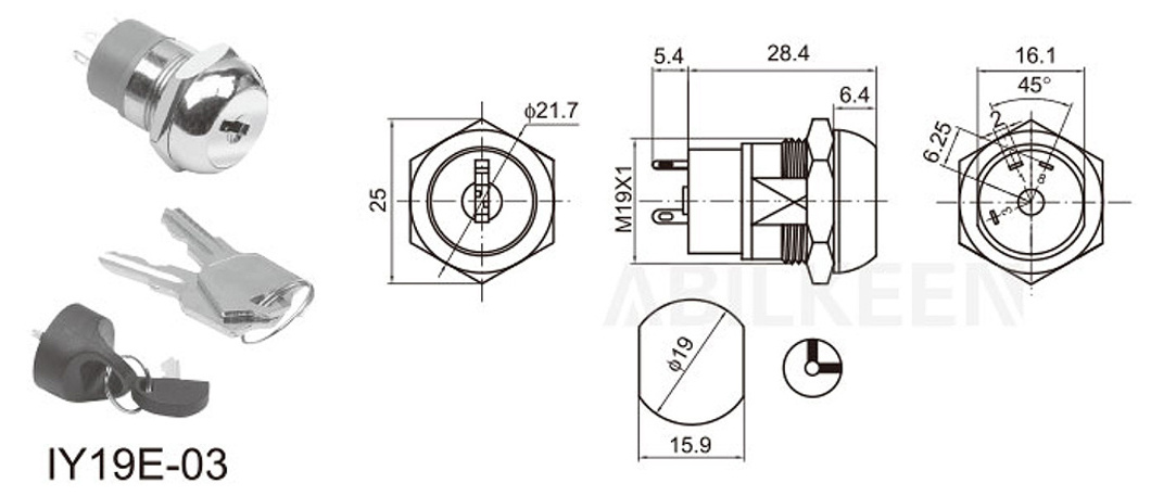 19mm Heavy Duty Key Operated Selector Switch, 3 Positions, Maintain Type Key Lock Switch