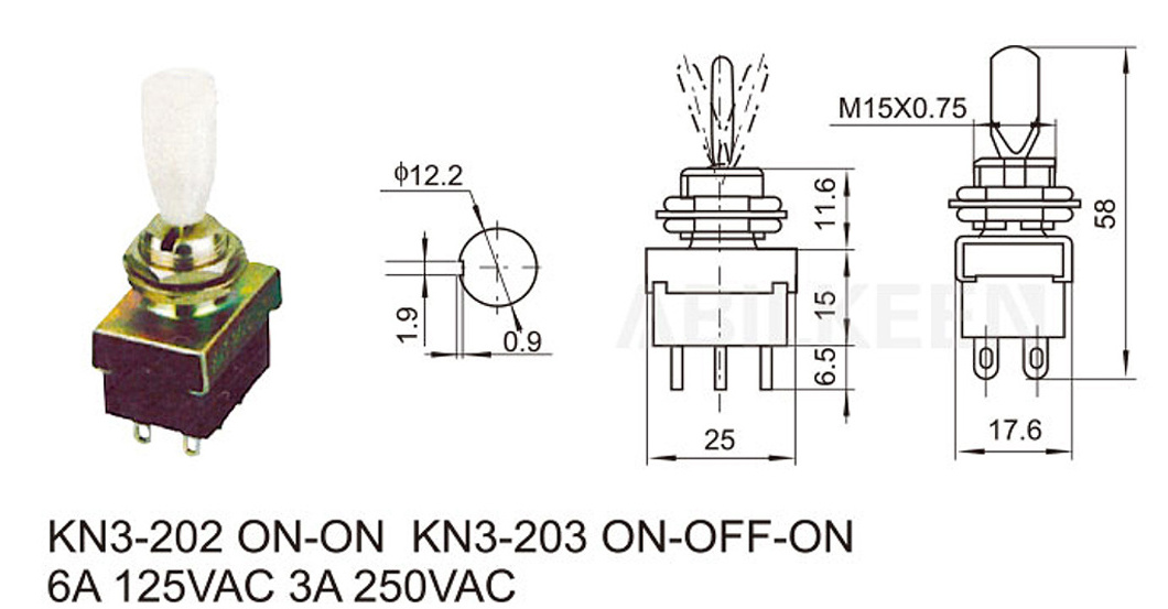 Hot Selling ABILKEEN 24.9mm Plastic Long Flat Handle 2 Pole ON-ON Toggle Switch 6A 125VAC with 6 Pin Solder Terminal