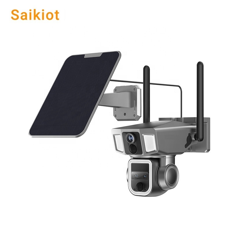 Saikiot 4G WIFI All in One Solar PTZ Camera 10X Optical Zoom 2K 4MP 3 Lens Night Vision Solar Panel Powered 4G WIFI Solar Camera